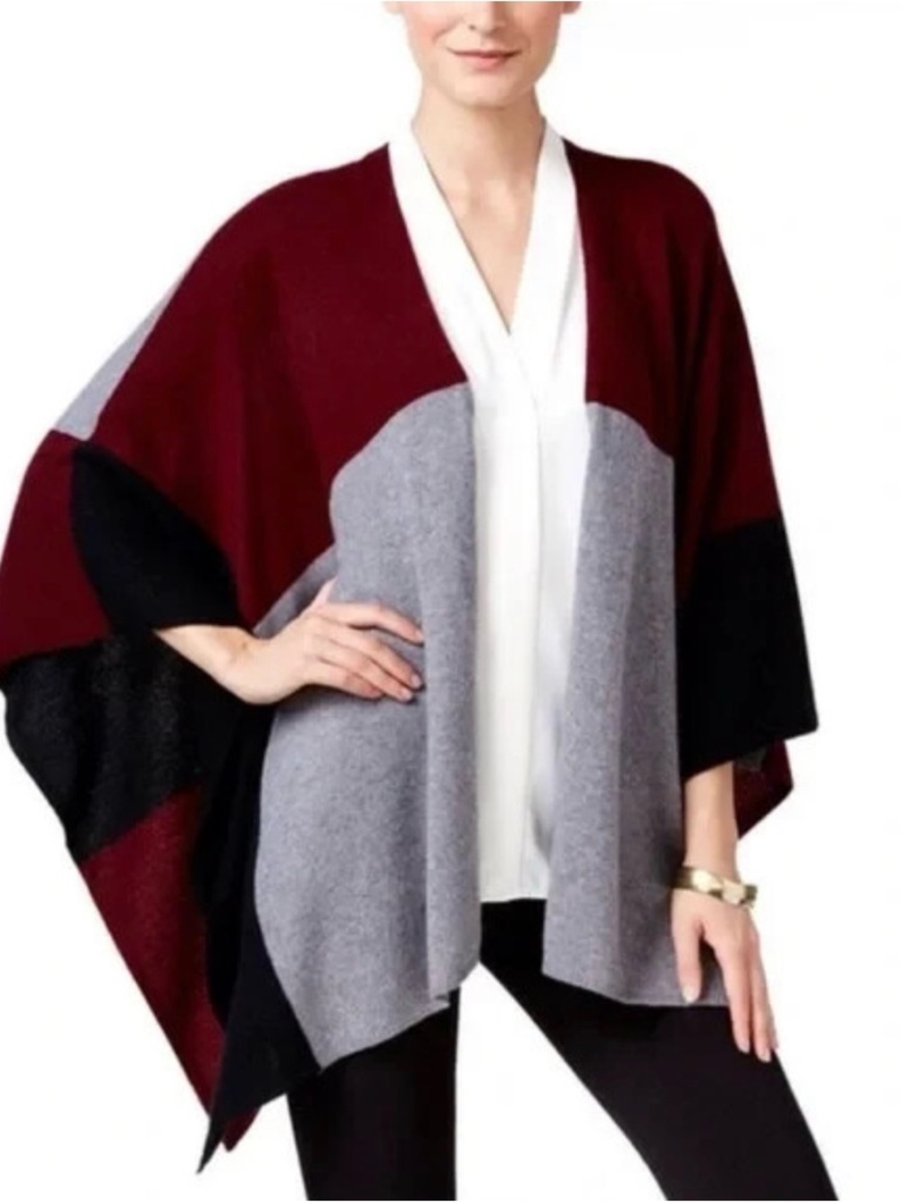 Charter Club Burgundy, Gray & Black Open-Front Sweater Poncho,cashmere,one size